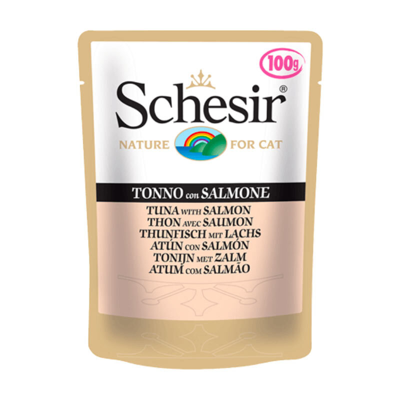  تصویر پوچ گربه با طعم ماهی تن و سالمون شسیر Schesir Tuna With Salmon وزن 100 گرم از نمای رو به رو 