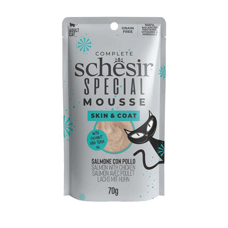 عکس بسته‌بندی پوچ گربه مخصوص تقویت پوست و مو شسیر با طعم ماهی سالمون و مرغ Schesir Special Skin and Coat وزن 70 گرم