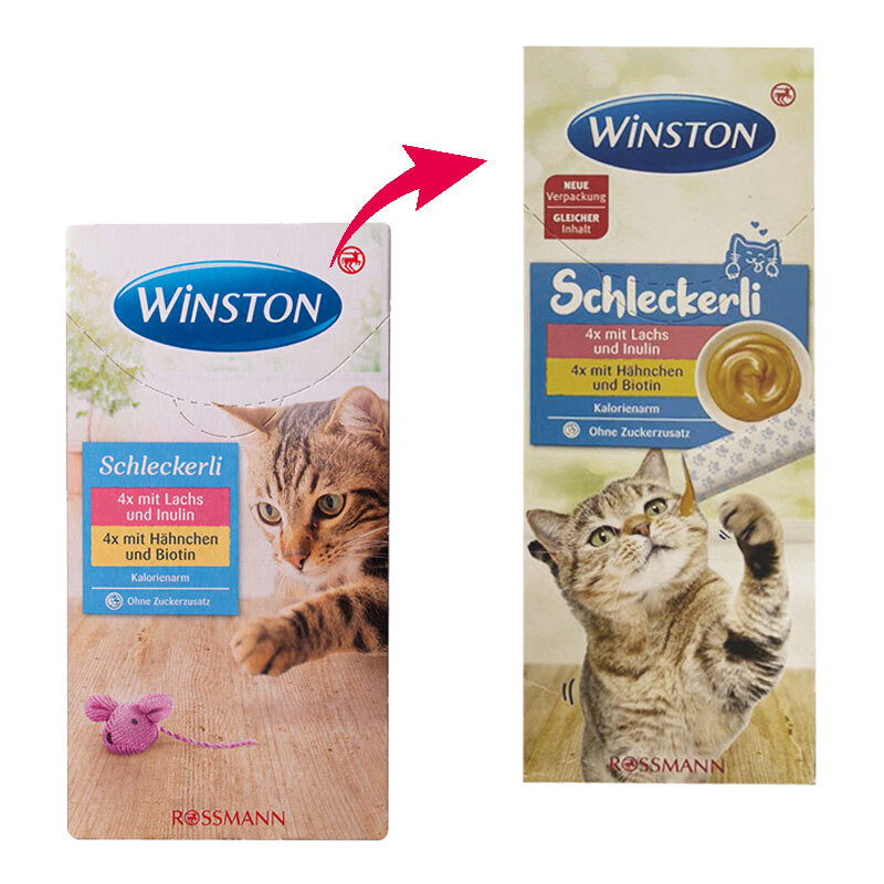  تصویر بسته بندی قبلی و جدید بستنی گربه وینستون مدل Chicken & Fish بسته 8 عددی 