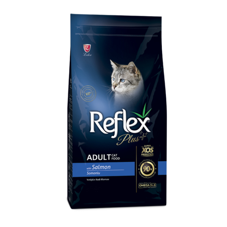 عکس بسته بندی غذای خشک گربه بالغ با طعم ماهی سالمون رفلکس پلاس Reflex Plus Adult Salmon وزن 15 کیلوگرم