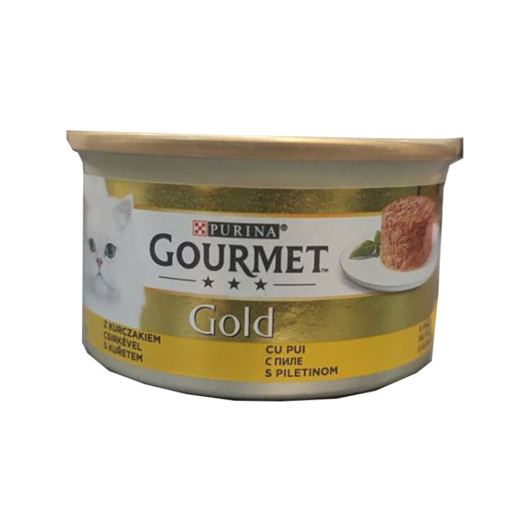 عکس محتویات کنسرو غذای گربه گورمت مدل Gold Chicken Savoury Cake وزن ۸۵ گرم