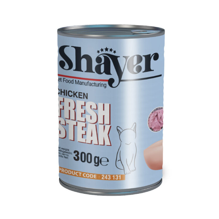 تصویر کنسرو غذای گربه استیک شایر با طعم مرغ Shayer Fresh Steak Chicken وزن 300 گرم از نمای رو به رو