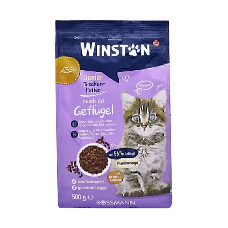 عکس پشت بستهبندی غذای خشک بچه گربه وینستون با طعم مرغ و جگر Winston Kitten Dry Food With Chicken & liver وزن 500 گرم