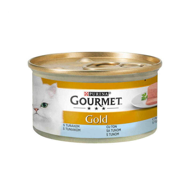  تصویر کنسرو غذای گربه گورمت با طعم گوشت ماهی تن Gourmet Gold mousse with Tuna وزن ۸۵ گرم از نمای رو به رو 