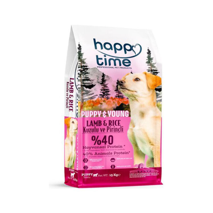 عکس غذای خشک توله سگ و سگ جوان هپی تایم با طعم گوشت بره و برنج Happy Time Puppy And Young وزن 15 کیلوگرم