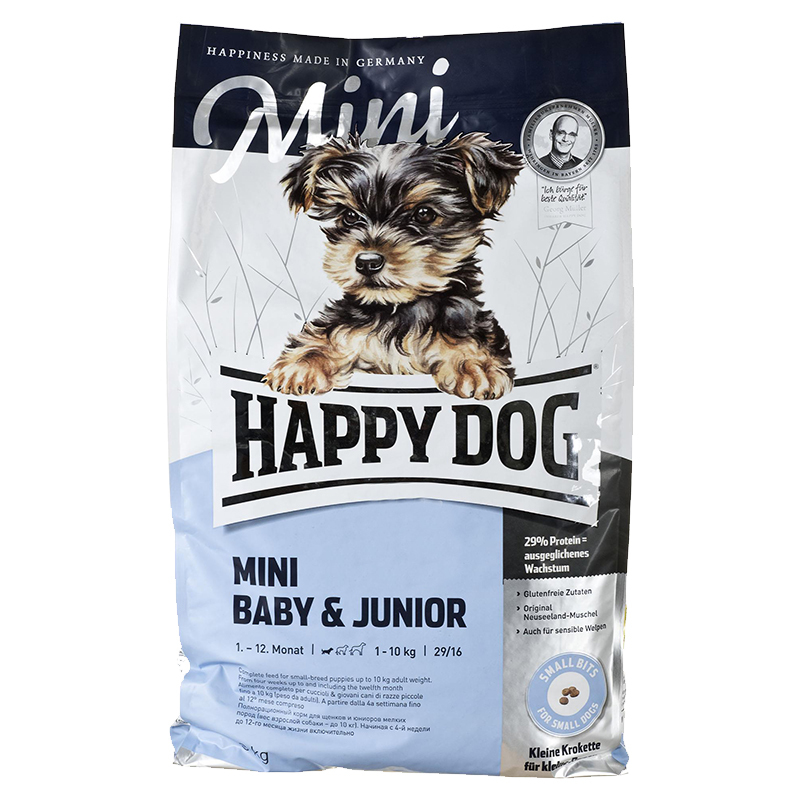 عکس بسته بندی غذای خشک سگ هپی داگ مدل Mini Baby & Joniur وزن 8 کیلوگرم 