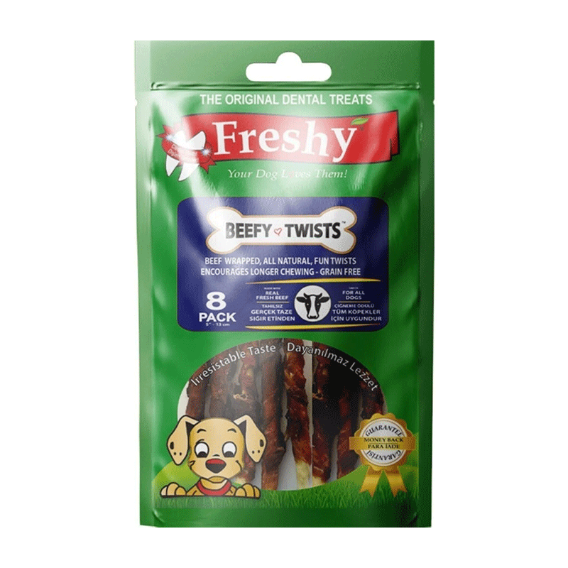 تشویقی دنتال سگ فرشی با طعم گوشت Freshy Dental Beefy Twists بسته 8 عددی از نمای رو به رو