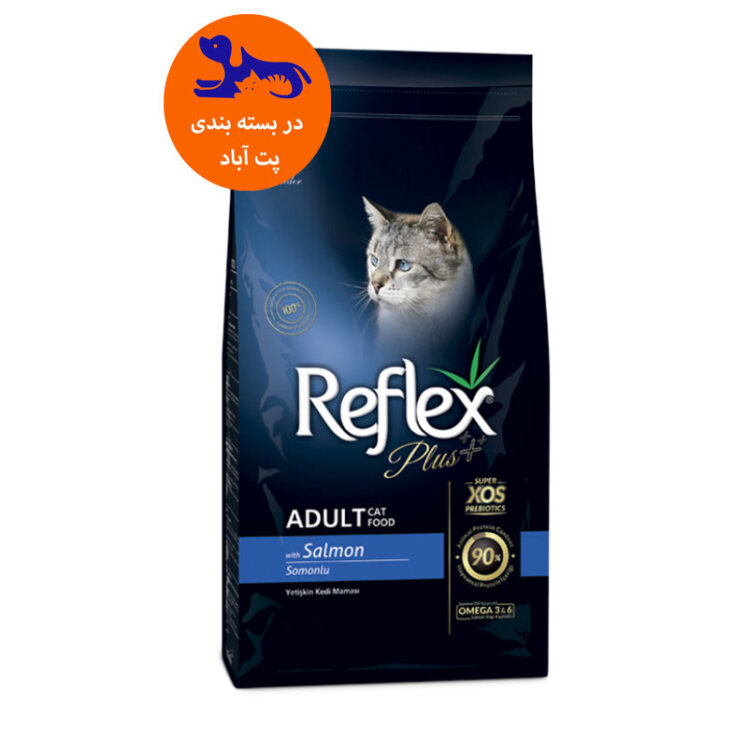 عکس پشت بسته بندی غذای خشک گربه بالغ با طعم ماهی سالمون رفلکس پلاس Reflex Plus Adult Salmon وزن 15 کیلوگرم