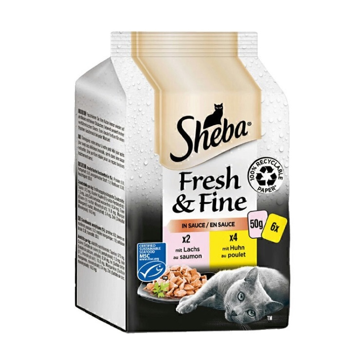 تصویر محتویات پوچ گربه با طعم ماهی سالمون و مرغ در سس شیبا Sheba Salmon & Chicken In Sauce Pack بسته 6 عددی