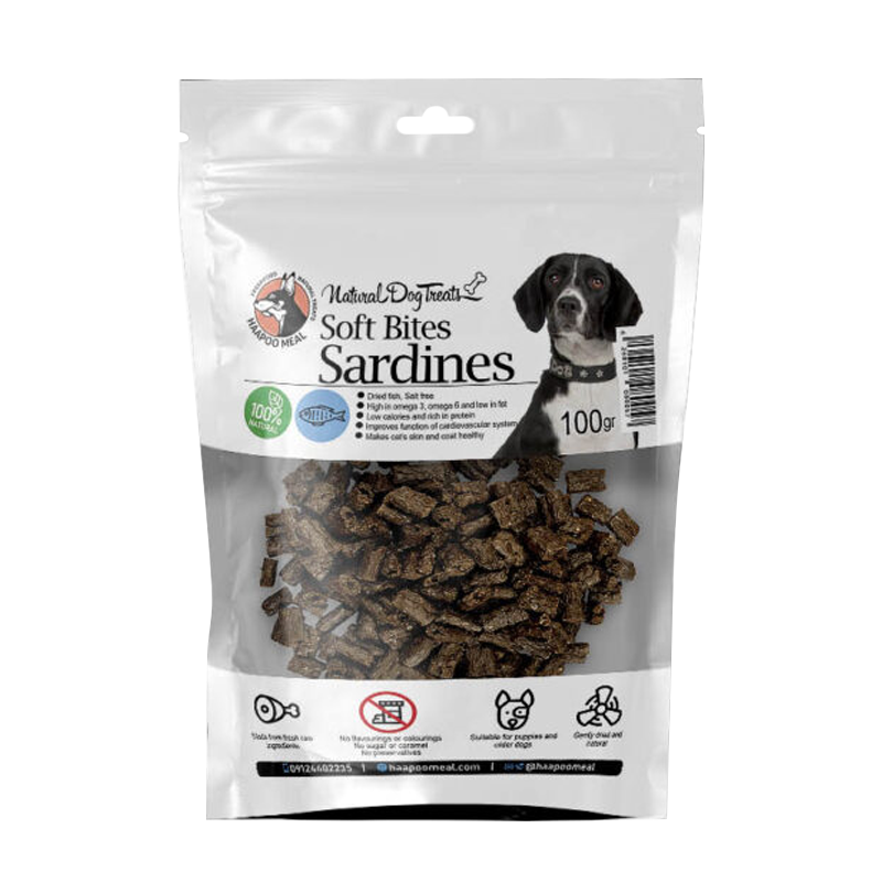  عکس بسته بندی تشویقی سگ هاپومیل مدل Sardine Soft Bites وزن 100 گرم 