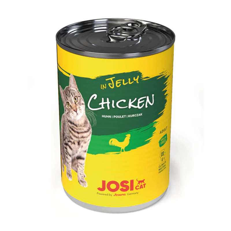  تصویر از بالا کنسرو غذای گربه جوسرا با طعم گوشت مرغ Josicat Chicken in jelly وزن 400 گرم 