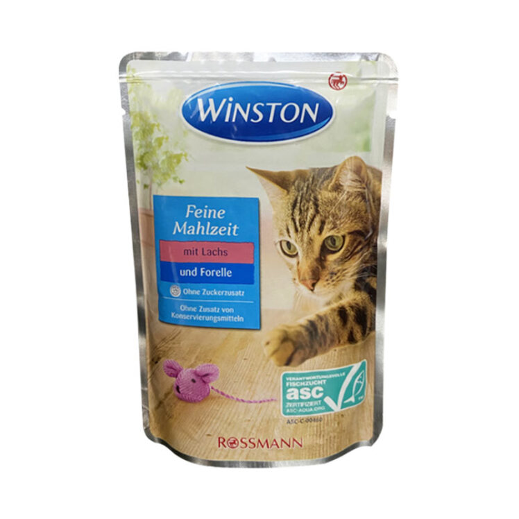 تصویر پوچ گربه وینستون با طعم ماهی قزل آلا و سالمون Winston Trout & Salmon وزن 100 گرم