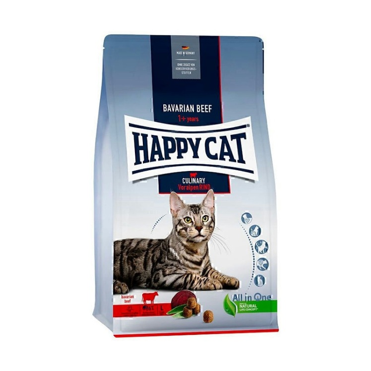 تصویر دانه غذای خشک گربه هپی کت با طعم گوشت گوساله Happy Cat Culinary Voralpen Rind وزن 4 کیلوگرم از نمای رو به رو