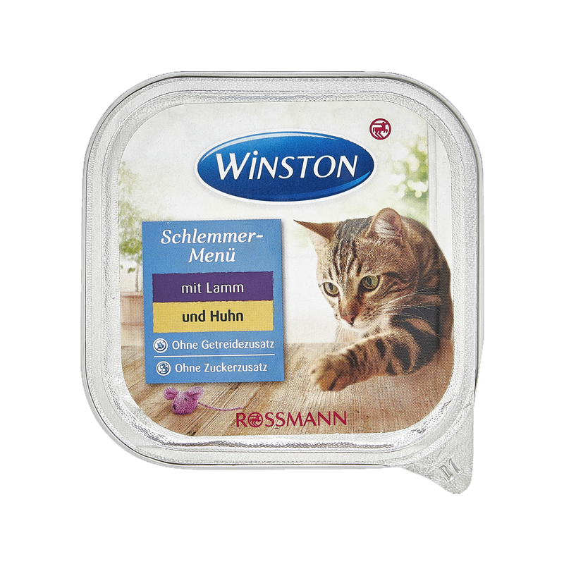  عکس روی بسته بندی غذای کاسه‌ای گربه وینستون مدل Lamb and Chicken وزن 100 گرم 