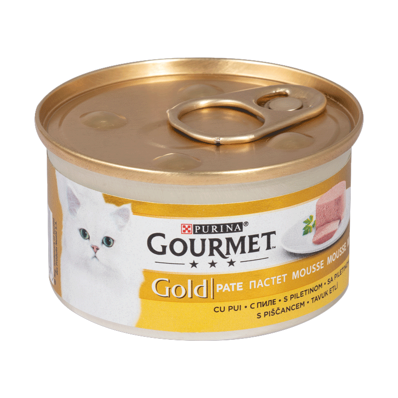  تصویر نمای بالا کنسرو غذای گربه گورمت مدل Gold Chicken وزن ۸۵ گرم 