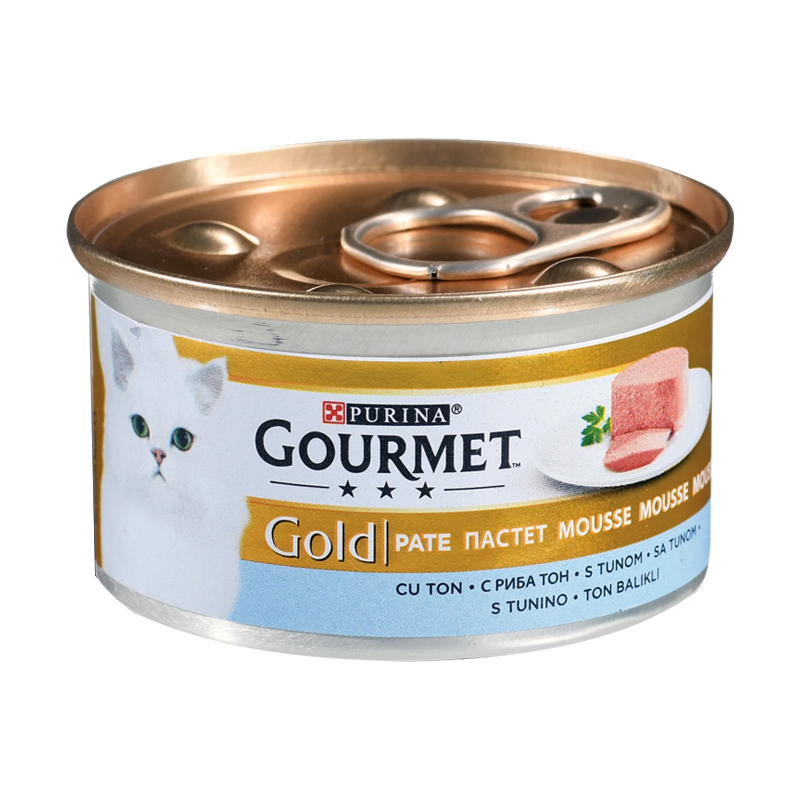  عکس بسته بندی کنسرو غذای گربه گورمت مدل Gold Tuna وزن ۸۵ گرم 