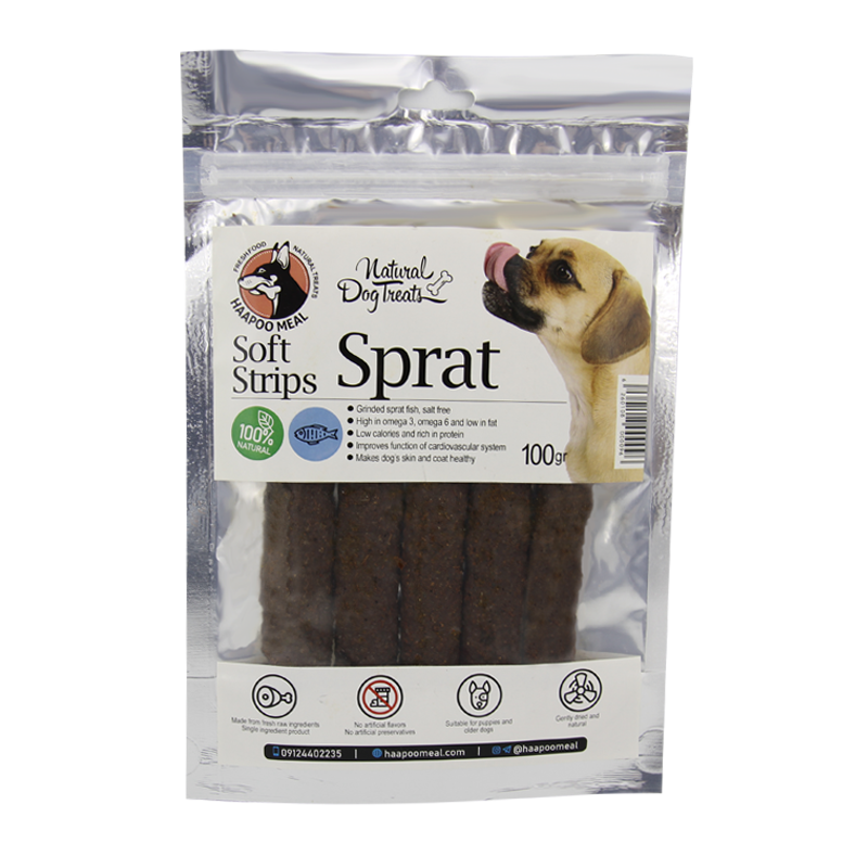  عکس بسته بندی تشویقی سگ هاپومیل مدل Sprat Soft Strips وزن 100 گرم 