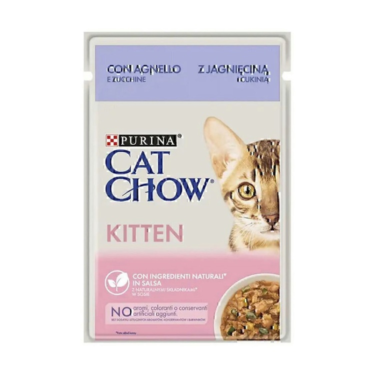 عکس راهنمای مصرف پوچ بچه گربه پورینا کت چو با طعم بره و کدوسبز Purina Kitten Cat Chow وزن 85 گرم