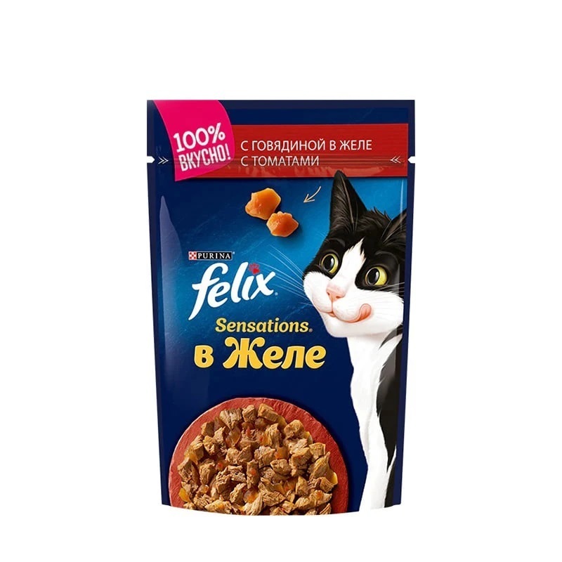  تصویر جدید پوچ گربه فلیکس با طعم گوشت گاو و گوجه فرنگی در ژله Felix Sensations Beef And Tomato in Jelly وزن 85 گرم 
