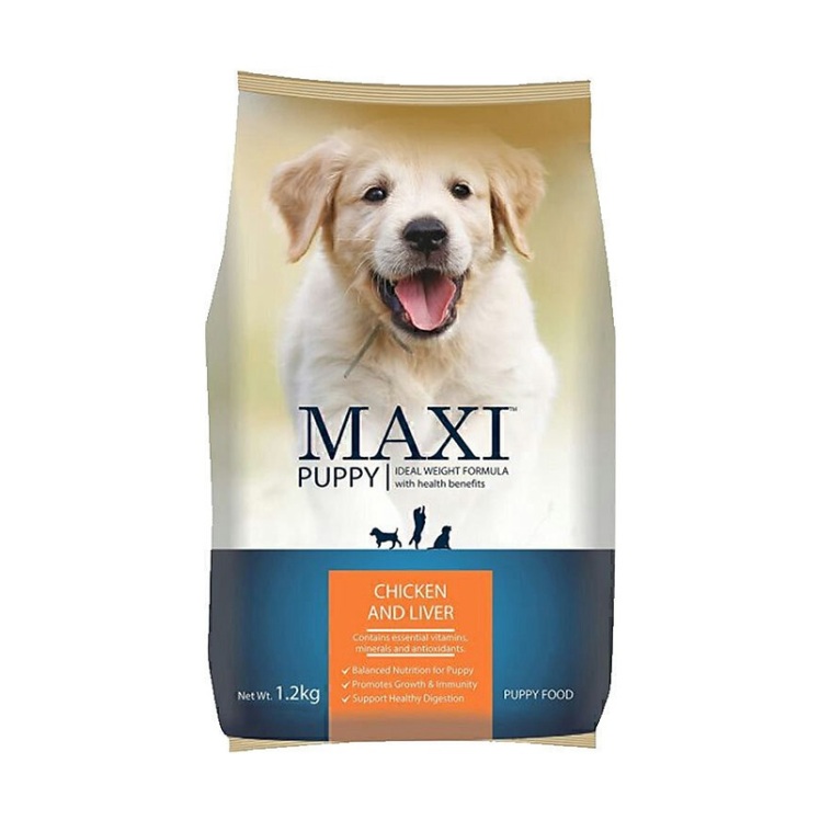 تصویر غذای خشک توله سگ نژاد بزرگ ماکسی Maxi Puppy Chicken & Liver وزن 1.2 کیلوگرم(پشت محصول)