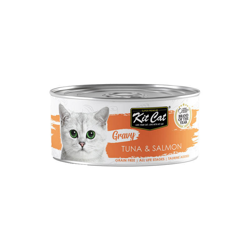  تصویر کنسرو غذای گربه کیت کت با طعم ماهی تن و سالمون KitCat Tuna & Salmon In Gravy وزن 70 گرم 