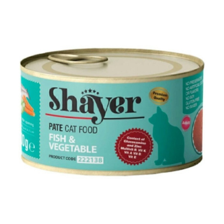 تصویر اطلاعات محصول کنسرو غذای گربه شایر پته با طعم ماهی و سبزیجات Shayer Pate Cat Food Fish & Vegetables وزن 200 گرم
