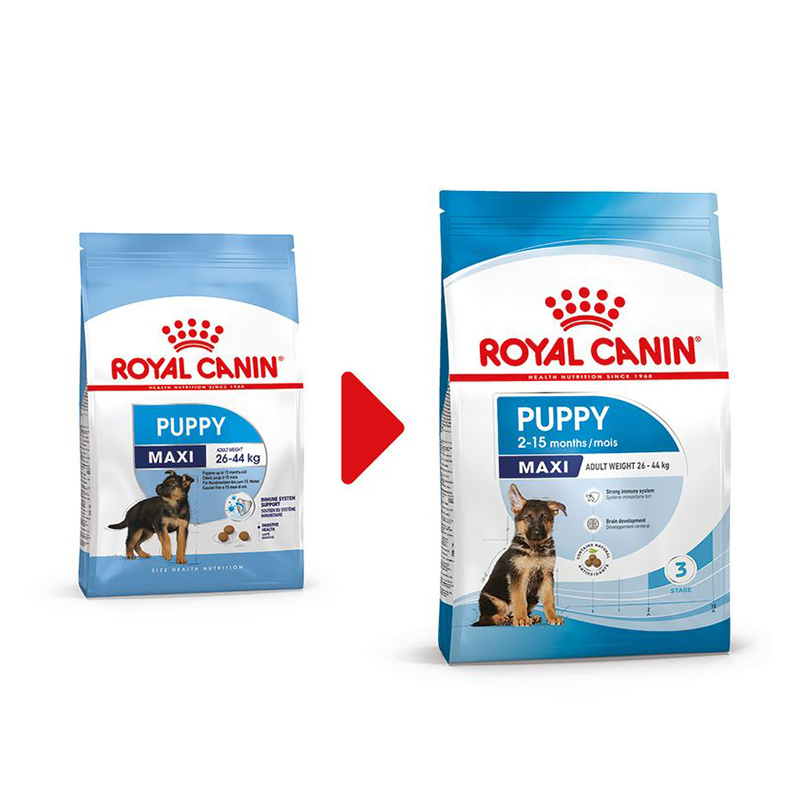  تصویر بسته بندی جدید و قدیم غذای خشک توله سگ رویال کنین Royal Canin Maxi Puppy وزن 15 کیلوگرم 