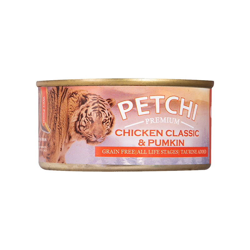  عکس بسته بندی تبلیغاتی کنسرو غذای گربه پتچی مدل Chicken Clussic & Pumpkin وزن 120 گرم 