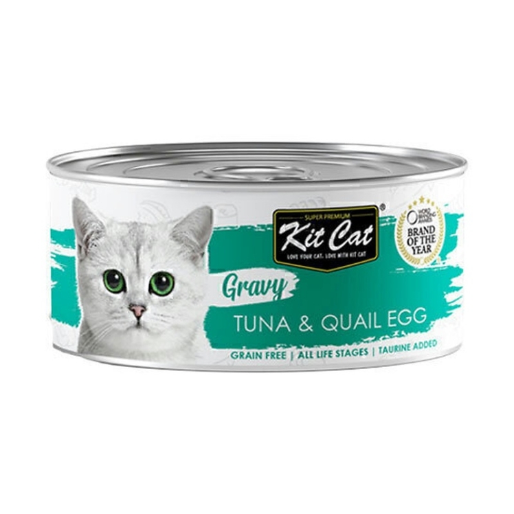 تصویر محتویات کنسرو غذای گربه کیت کت با طعم ماهی تن و تخم بلدرچین KitCat Tuna & Quail Egg In Gravy وزن 70 گرم