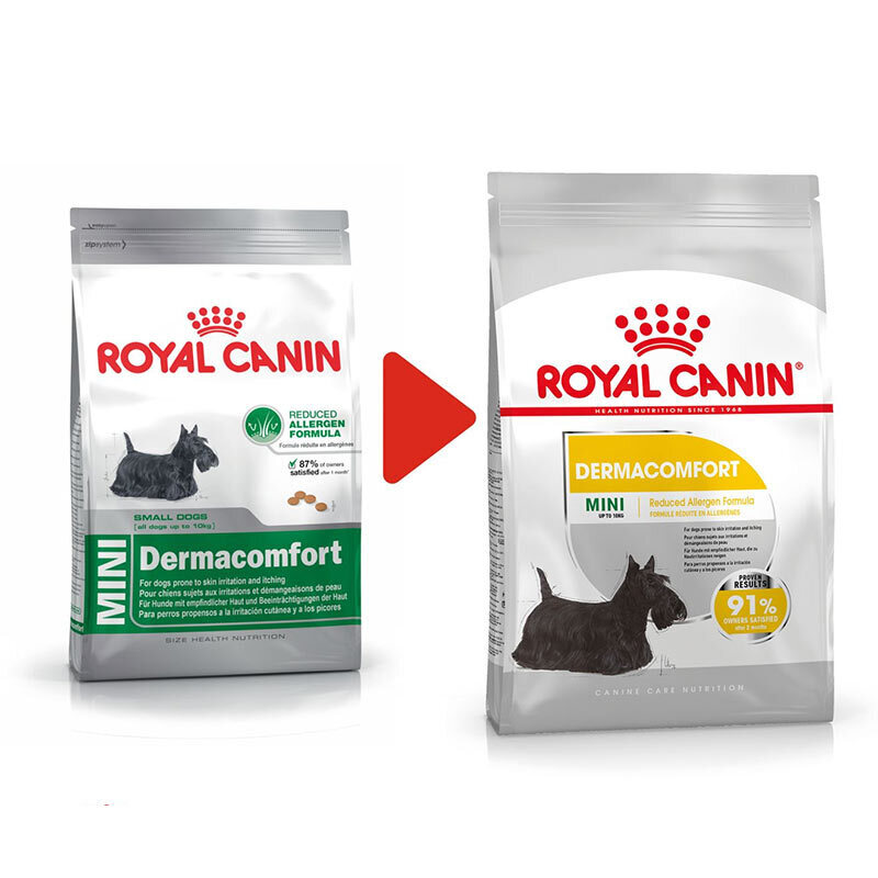  عکس بسته‌بندی جدید غذای خشک سگ درما کامفورت رویال کنین Royal Canin DermaComfort Mini وزن 1 کیلوگرم 