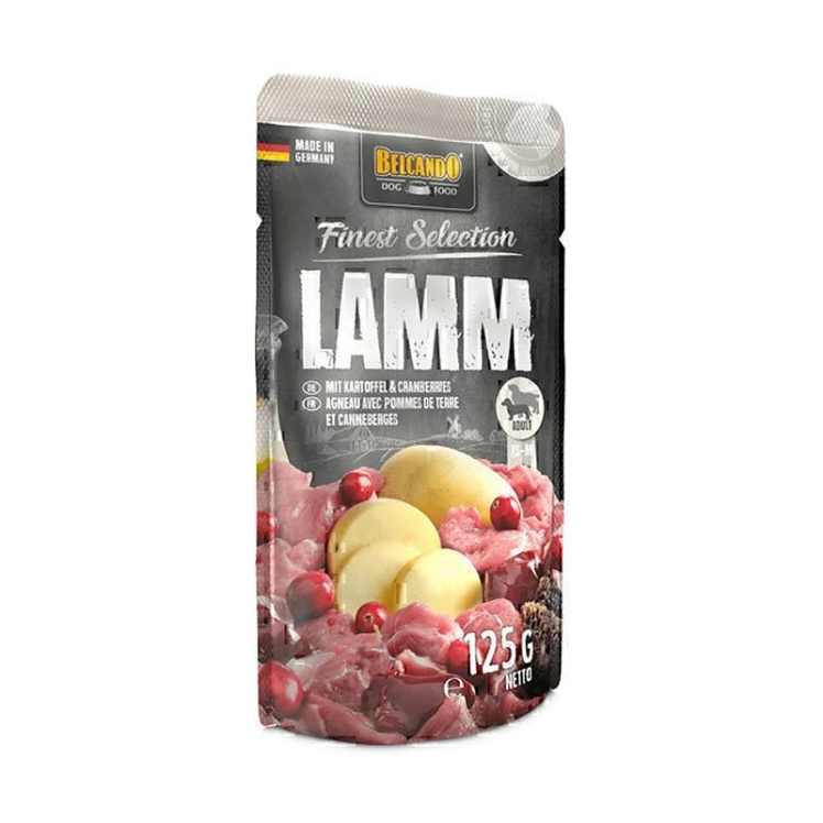 عکس محتویات پوچ سگ بلکاندو با طعم بره, سیب‌زمینی و کرنبری Belcando Lamb With Potato & Cranberry وزن 125 گرم