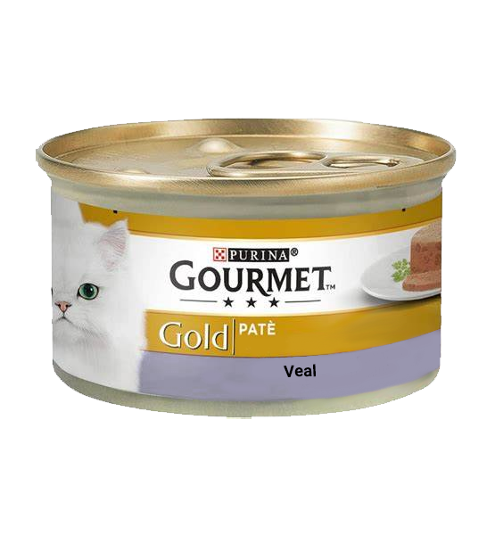 عکس بسته بندی کنسرو غذای گربه گورمت مدل Gold Veal وزن ۸۵ گرم 