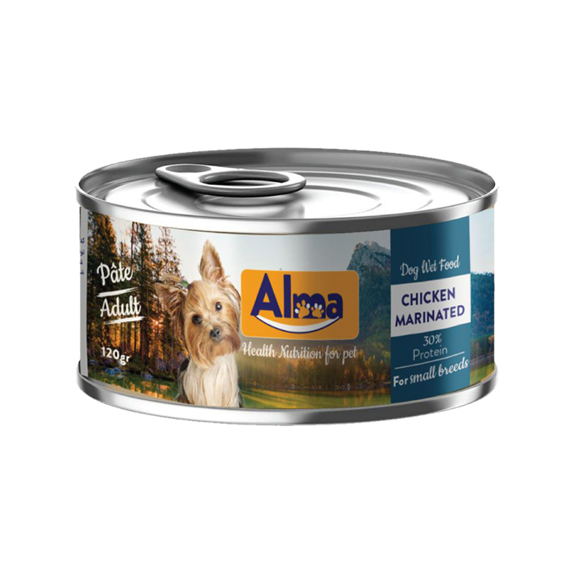  عکس بسته بندی کنسرو غذای سگ آلما مدل Chicken Marinated وزن 120 گرم 