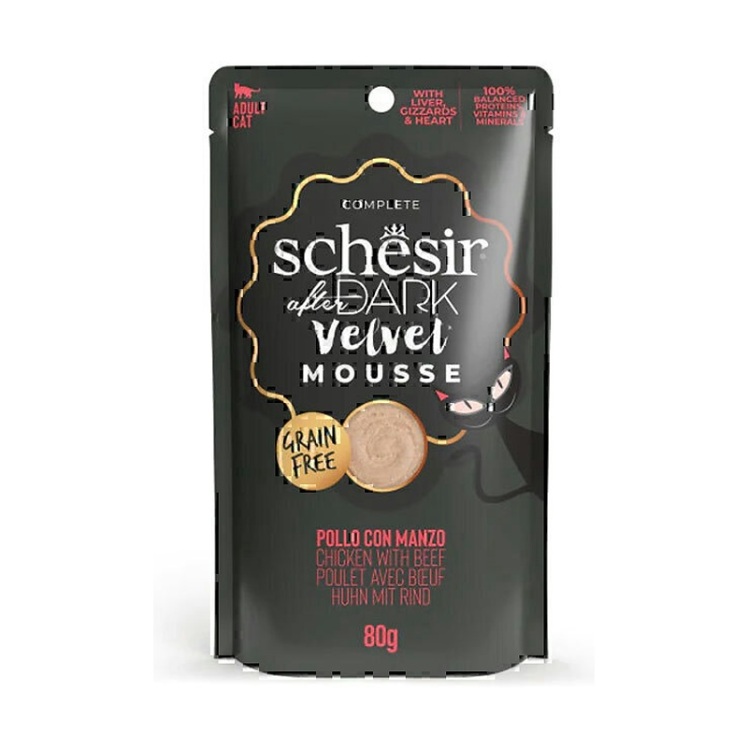 تصویر محتویات پوچ گربه شسیر با طعم مرغ با گوشت گاو در موس بدون گلوتن Schesir Chicken With Beef In Mousse وزن 80 گرم