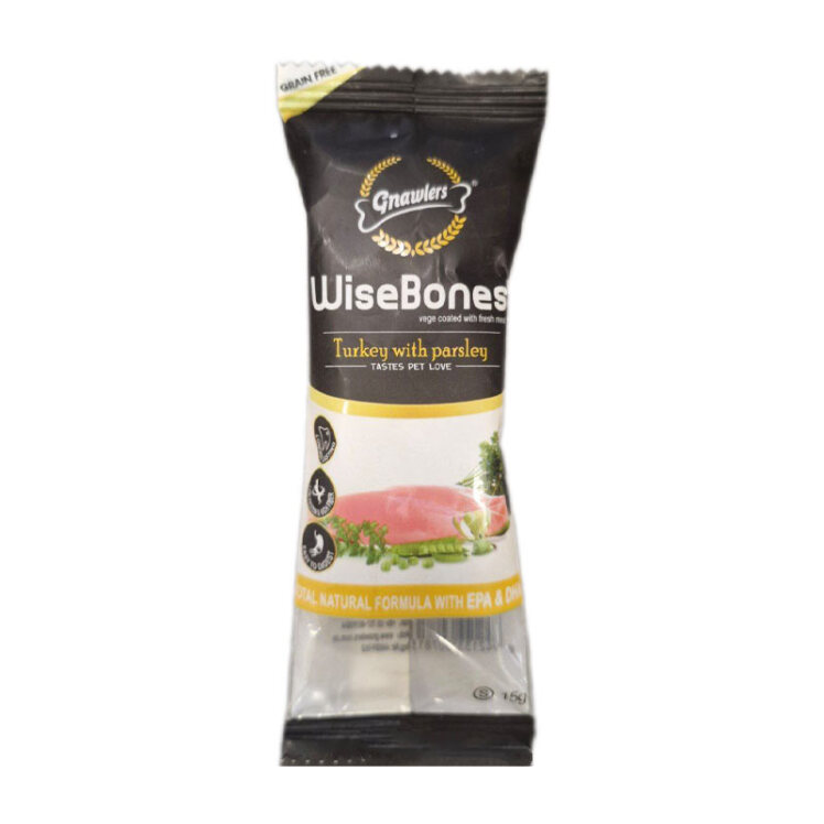 تصویر تشویقی استخوان ژلاتینی بدون دانه گناولرز با طعم بوقلمون و جعفری Gnawlers Wise Bones Turkey With Parsley Flavour