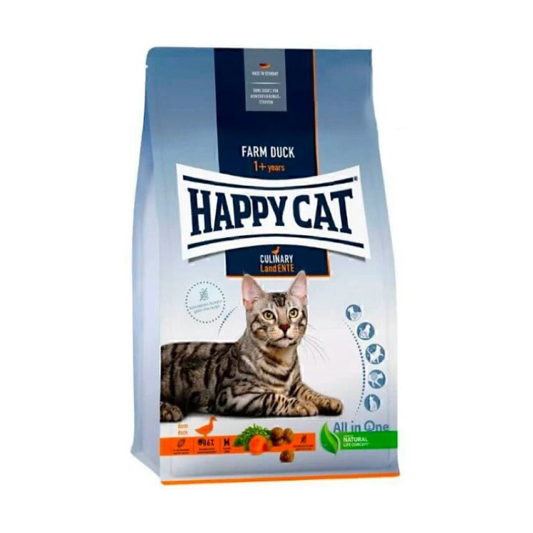 تصویر ویژگی های غذای خشک گربه هپی کت با طعم گوشت اردک Happy Cat Culinary Farm Duck وزن 4 کیلوگرم