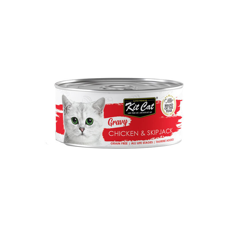  تصویر کنسرو غذای گربه کیت کت با طعم مرغ و ماهی KitCat Chicken & Skipjack In Gravy وزن 70 گرم 