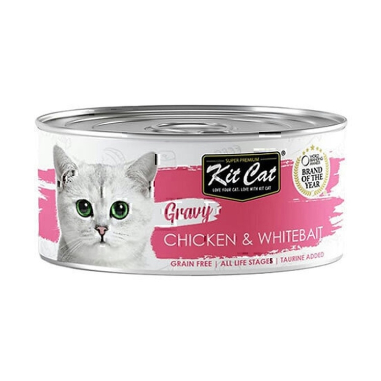 تصویر محتویات کنسرو غذای گربه کیت کت با طعم مرغ و بچه ماهی KitCat Chicken & Whitebait In Gravy وزن 70 گرم