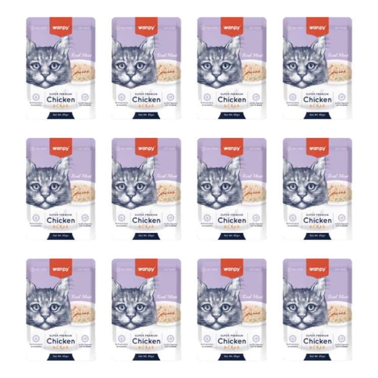 تصویر پوچ گربه با گوشت واقعی ونپی با طعم مرغ و خرچنگ Wanpy Cat Pouch Chicken And Crab بسته 12 عددی