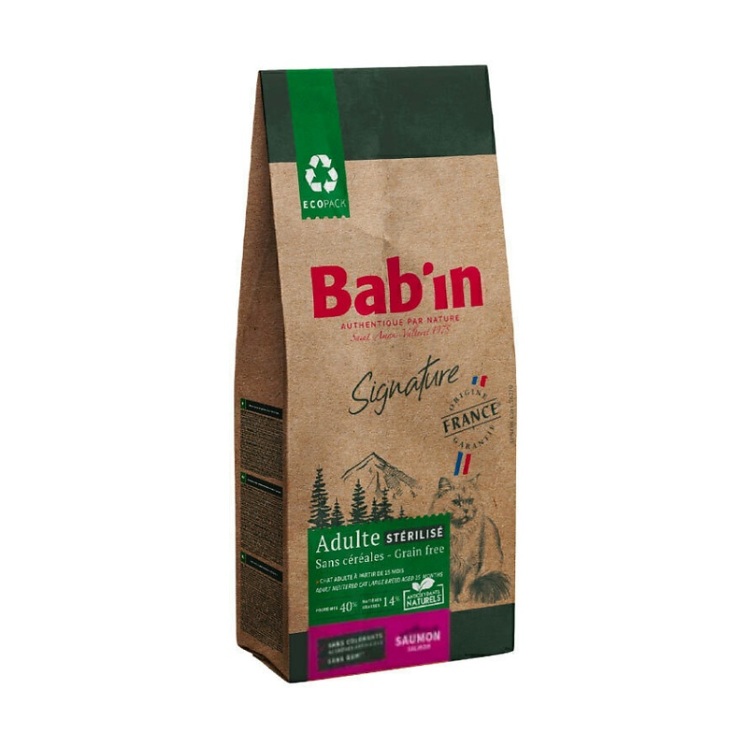 تصویر بسته بندی قدیمی غذای خشک گربه عقیم شده بابین با طعم ماهی سالمون Babin Adult Sterilised Grain Free وزن 1.5 کیلوگرم