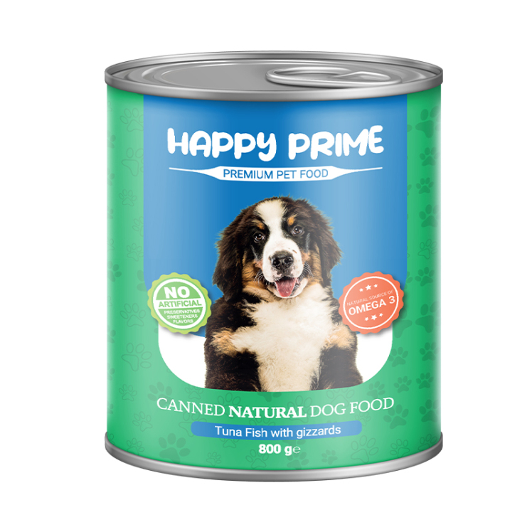 تصویر کنسرو نچرال سگ هپی پرایم با طعم ماهی تن و سنگدان وزن 800 گرم از نمای رو به رو