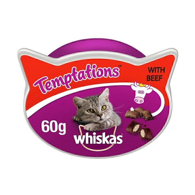 تصویر محتویات تشویقی گربه ویسکاس با طعم گوشت گاو Whiskas Temptation Beef وزن 60 گرم