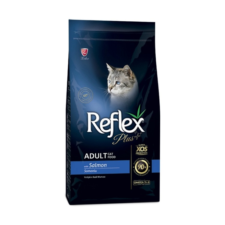 عکس پشت بسته بندی غذای خشک گربه بالغ با طعم ماهی سالمون رفلکس پلاس Reflex Plus Adult Salmon وزن 15 کیلوگرم