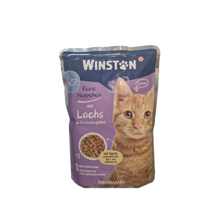 تصویر پوچ گربه وینستون با طعم ماهی سالمون در ژله گیاهی Winston Salmon In Herbs Jelly وزن 100 گرم
