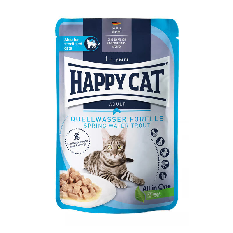  تصویر پوچ گربه هپی کت با طعم ماهی قزل آلا Happy Cat Culinary Spring Water Trout وزن 85 گرم 