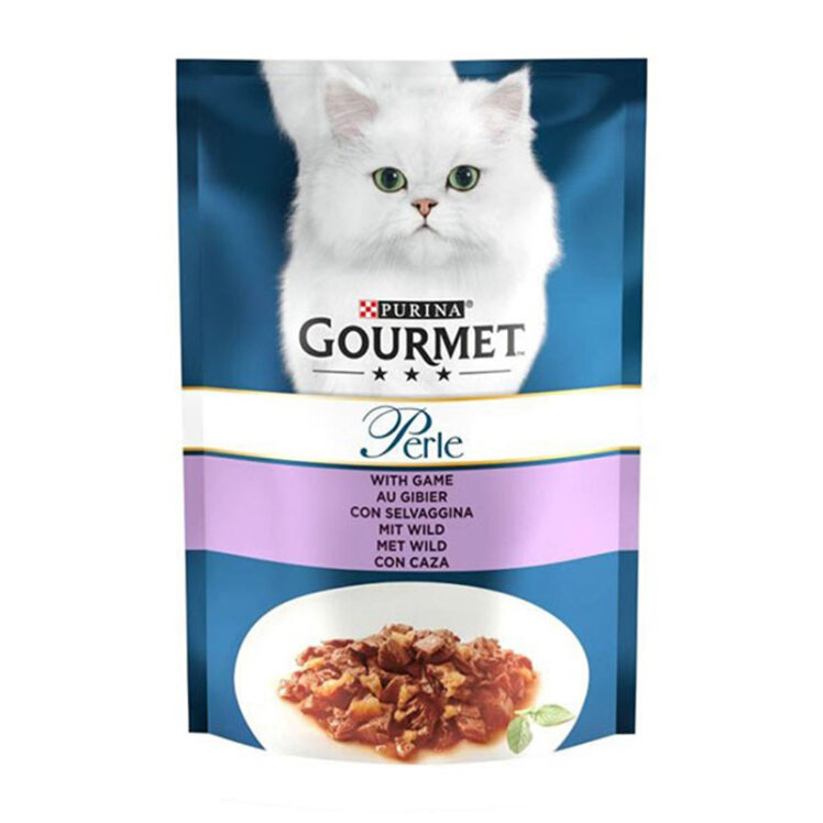 عکس بسته‌بندی پوچ گربه بالغ گورمت با طعم گوشت شکاری Purina Gourmet Cat Pouch Mit Wild وزن 85 گرم