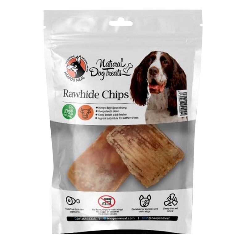  عکس بسته بندی تشویقی سگ هاپومیل مدل Rawhide Chips وزن 100 گرم 