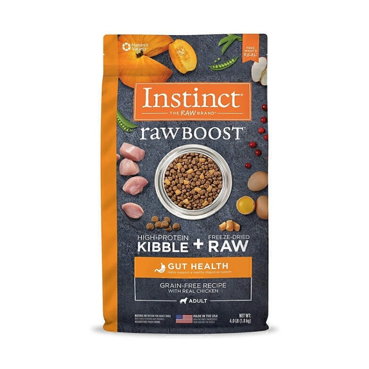 تصویر پشت غذای خشک مناسب برای مشکلات گوارشی سگ بالغ با طعم مرغ اینستینکت Instinct Raw boost Kibble & Raw Gut Health With