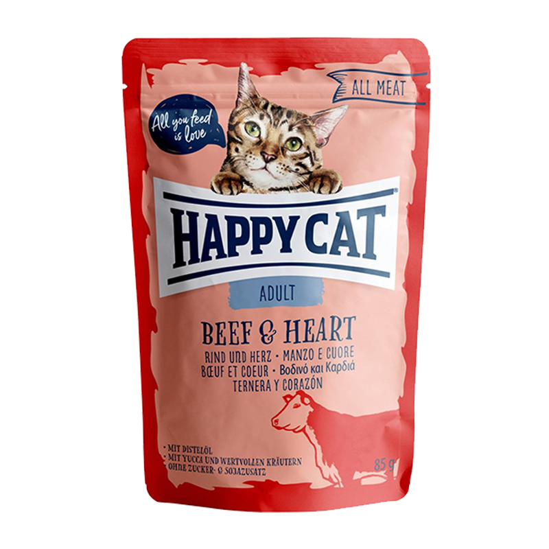  عکس بسته بندی پوچ گربه هپی کت مدل Adult beef & heart وزن ۸۵ گرم 