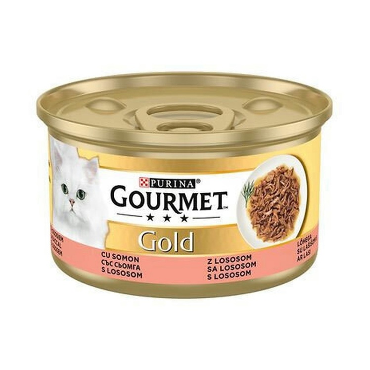 تصویر کنسرو گربه گلد گورمت با طعم فیله ماهی سالمون در سس Gourmet Gold With Salmon وزن 85 گرم